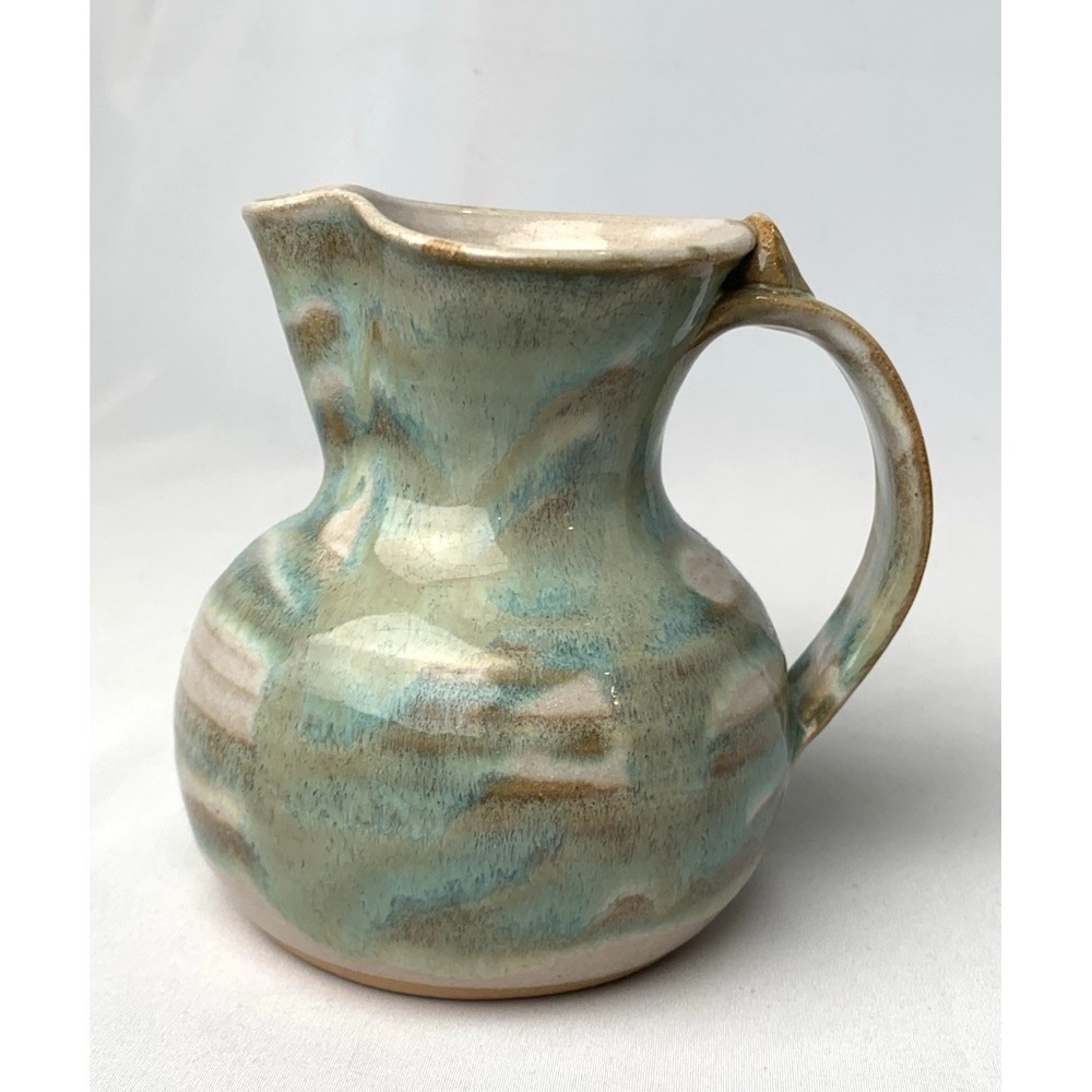 Studio Pottery Pitcher Creamer Rustic Celadon Green Brown Signed Cottage
